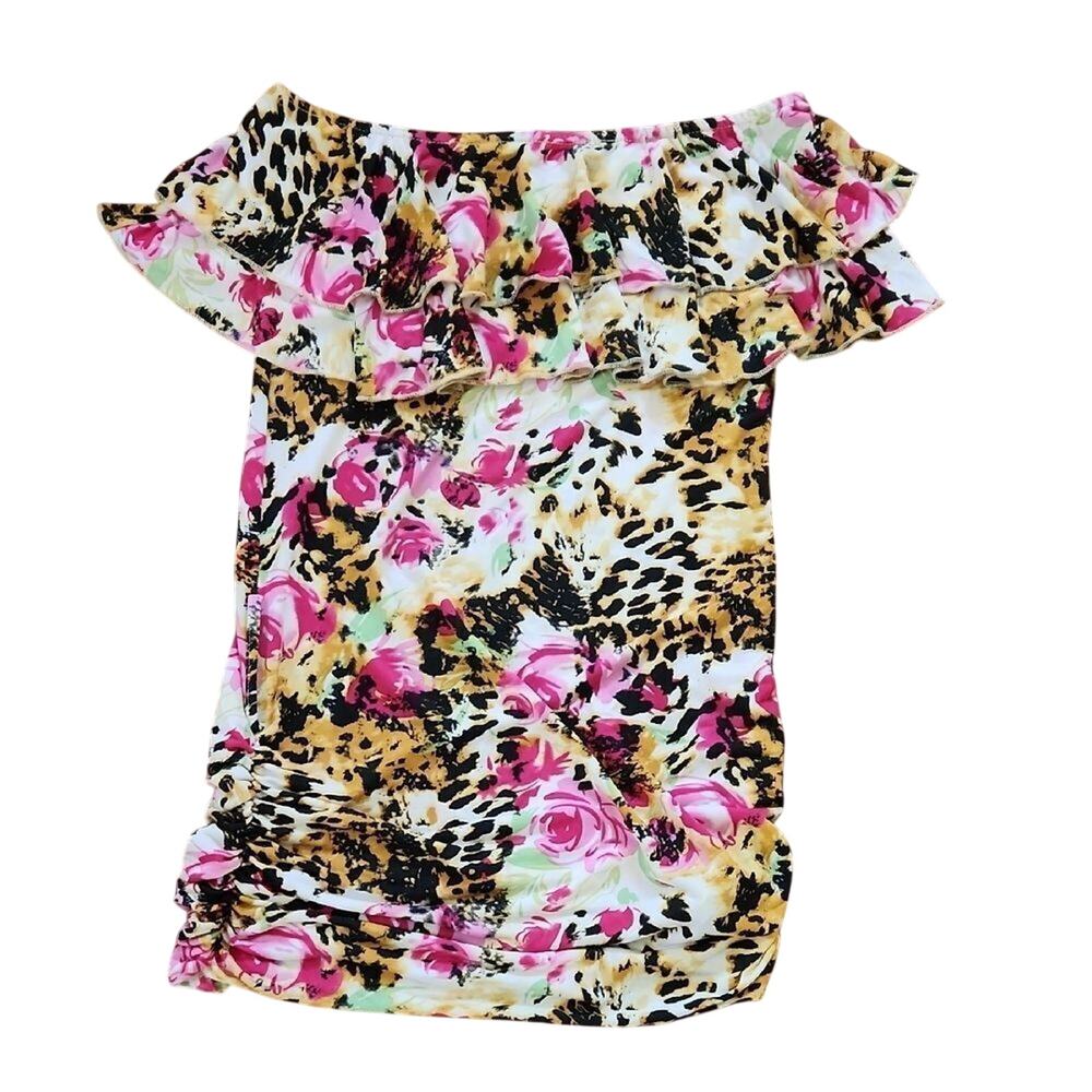 Estela FIS Floral Leopard Print Ruffle Off ShoulderTop womens Medium